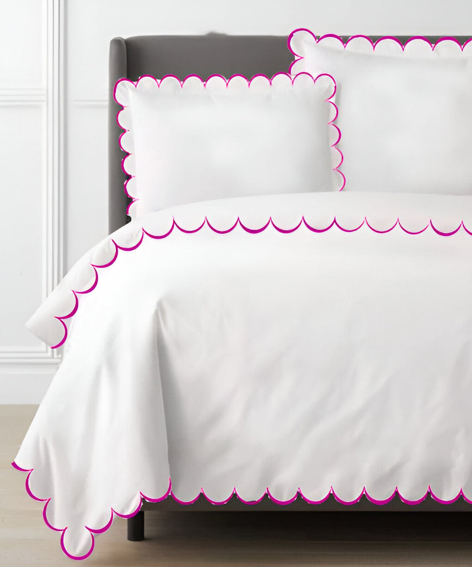 Allena 400TC Cotton Scallop Embroidery Sateen Solid Duvet Cover Set