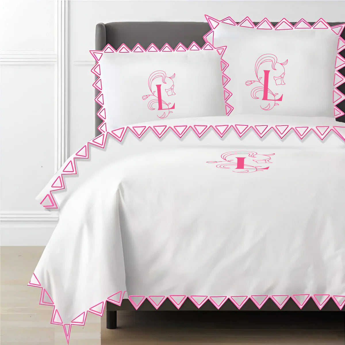 Monogram Ashley 400TC Cotton Traingle Embroidery Sateen Solid Duvet Cover Set