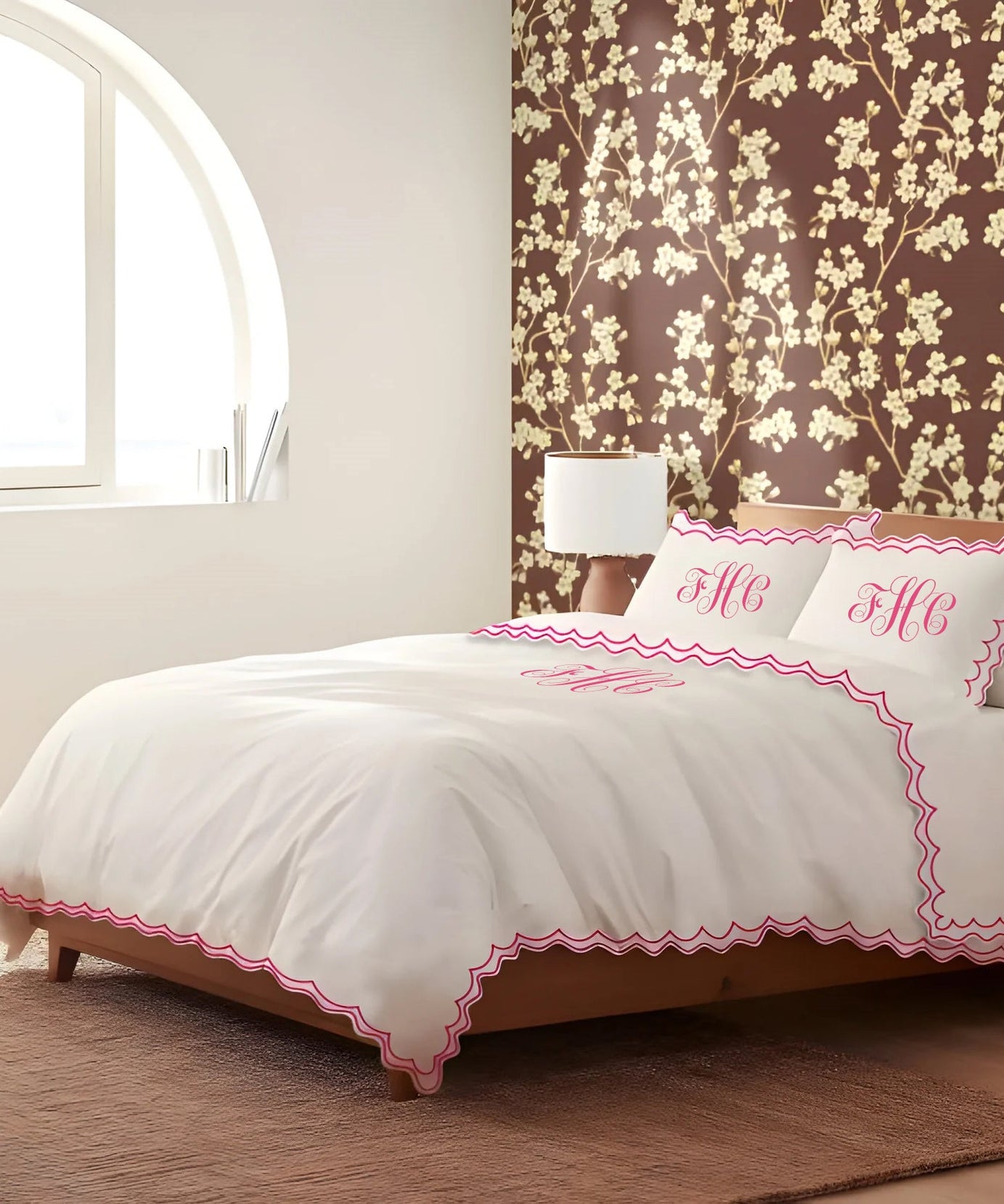Monogram 400TC Cotton Sateen Double Scallop Embroidery Duvet Cover Set
