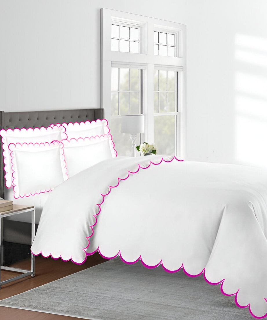 Allena 400TC Cotton Scallop Embroidery Sateen Solid Duvet Cover Set