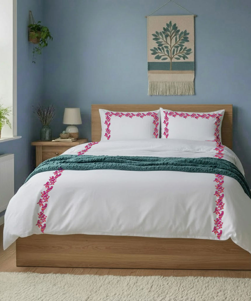 Bird Embroidered Cotton Duvet Cover Set