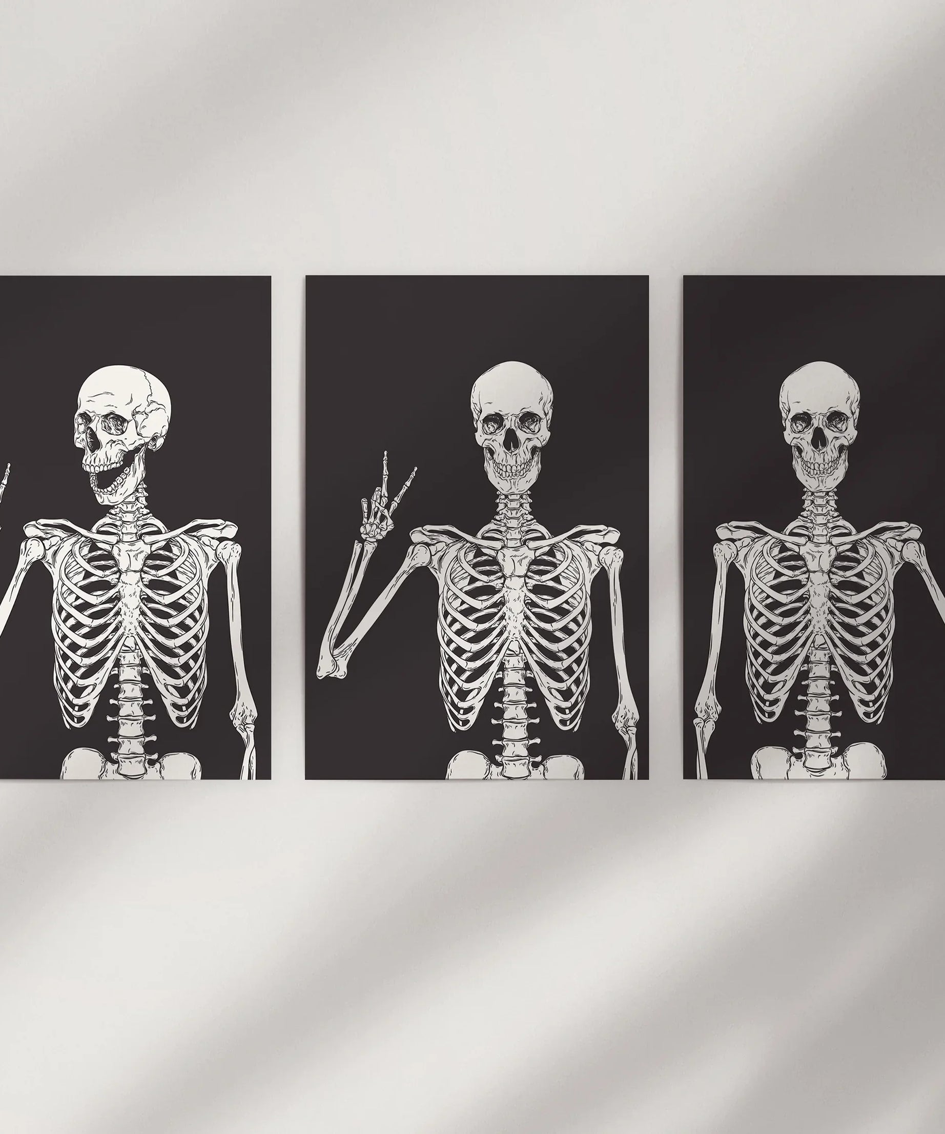 Halloween Skeleton Wall Art Set. 3 Piece Black Gothic Prints