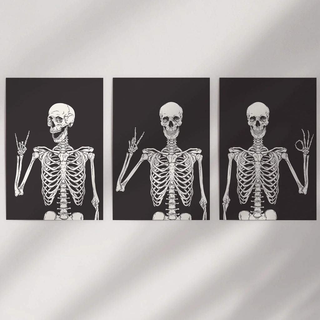 Halloween Skeleton Wall Art Set. 3 Piece Black Gothic Prints