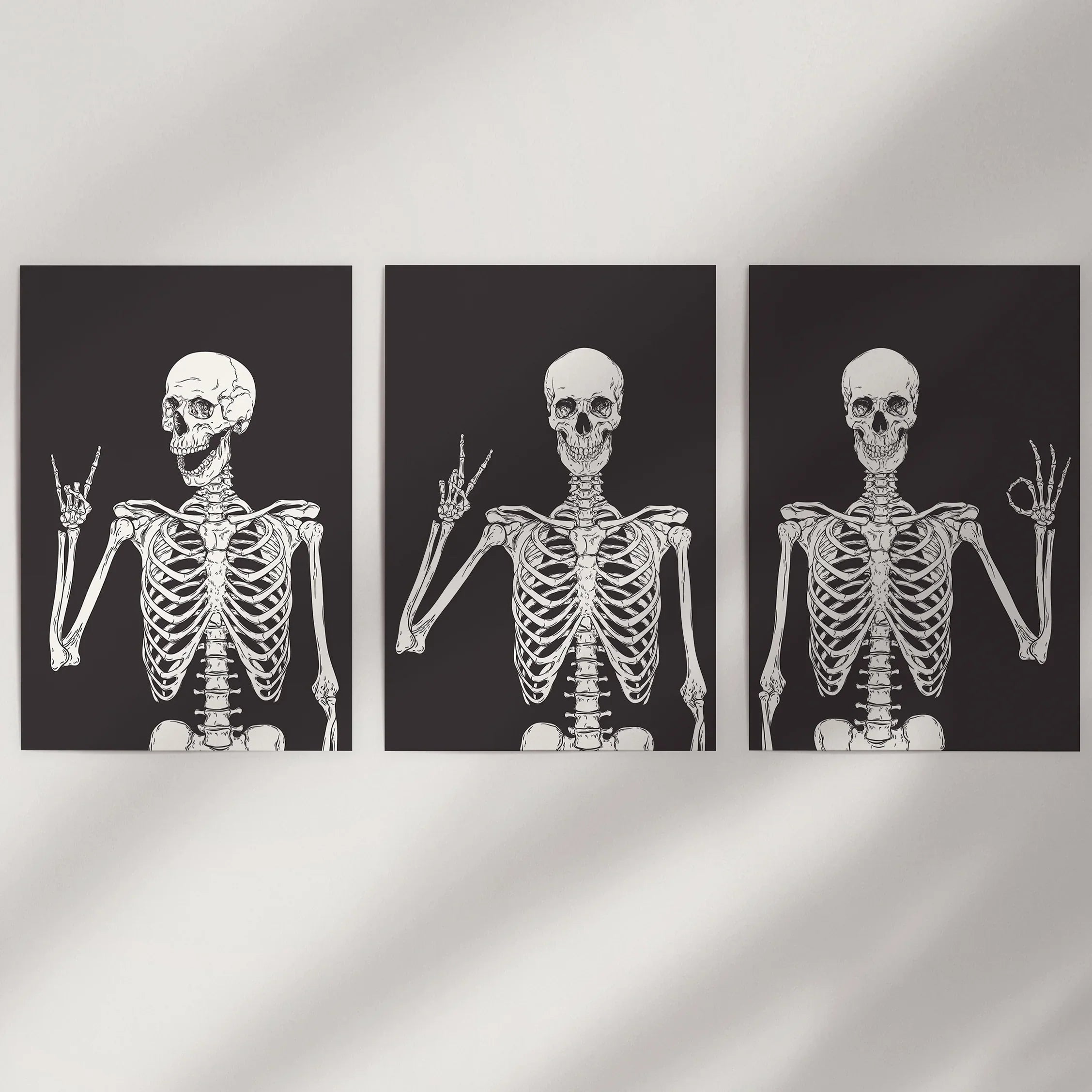 Halloween Skeleton Wall Art Set. 3 Piece Black Gothic Prints
