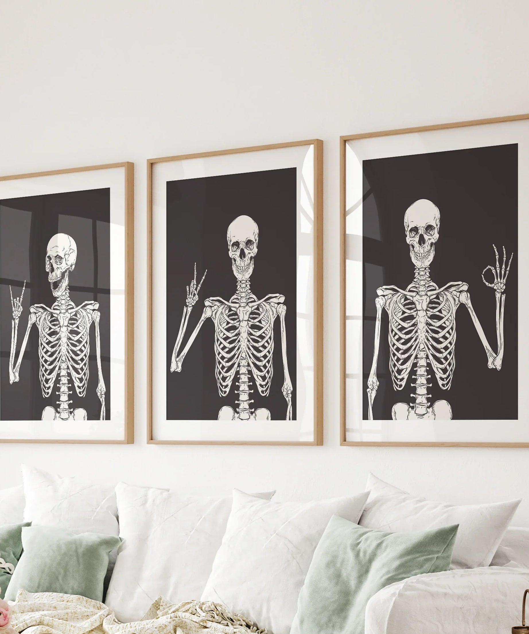 Halloween Skeleton Wall Art Set. 3 Piece Black Gothic Prints