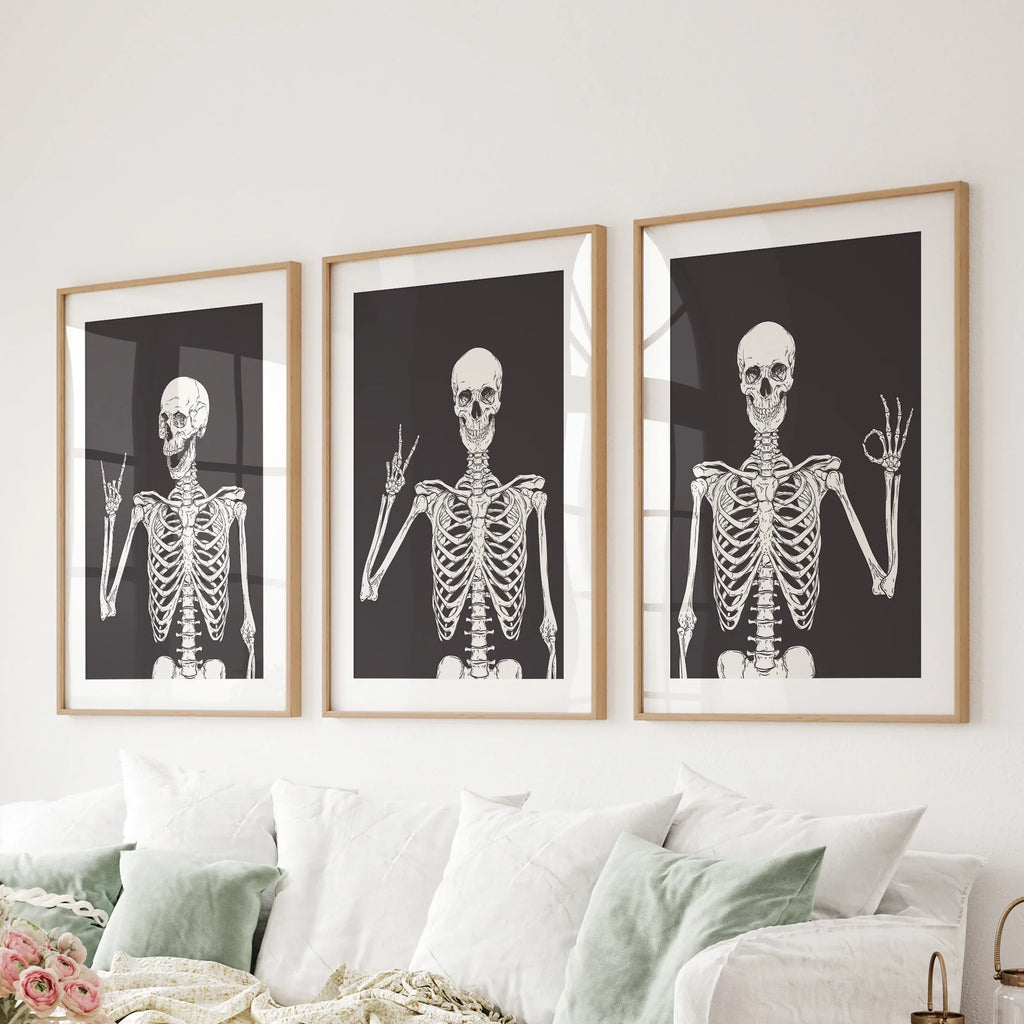 Halloween Skeleton Wall Art Set. 3 Piece Black Gothic Prints