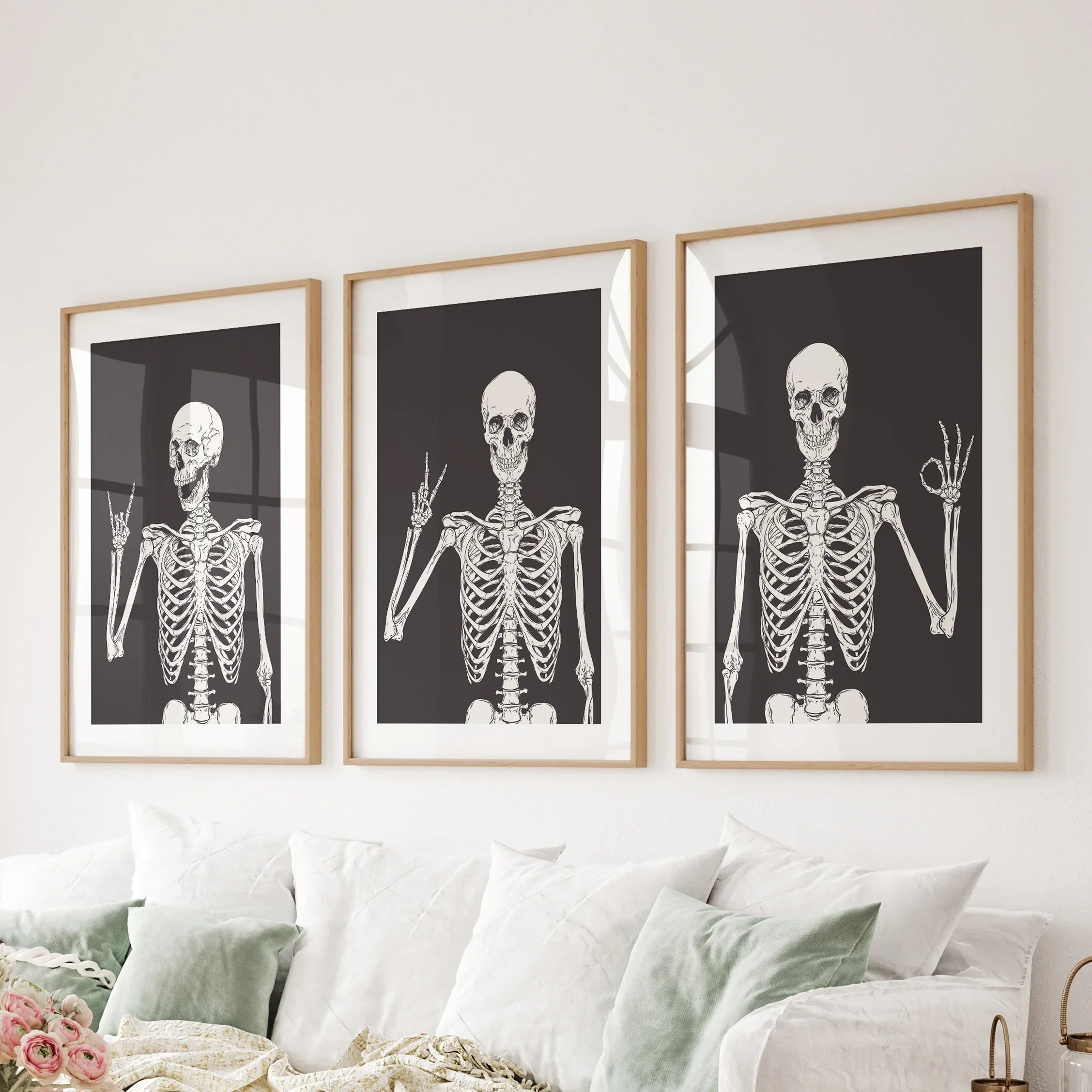 Halloween Skeleton Wall Art Set. 3 Piece Black Gothic Prints