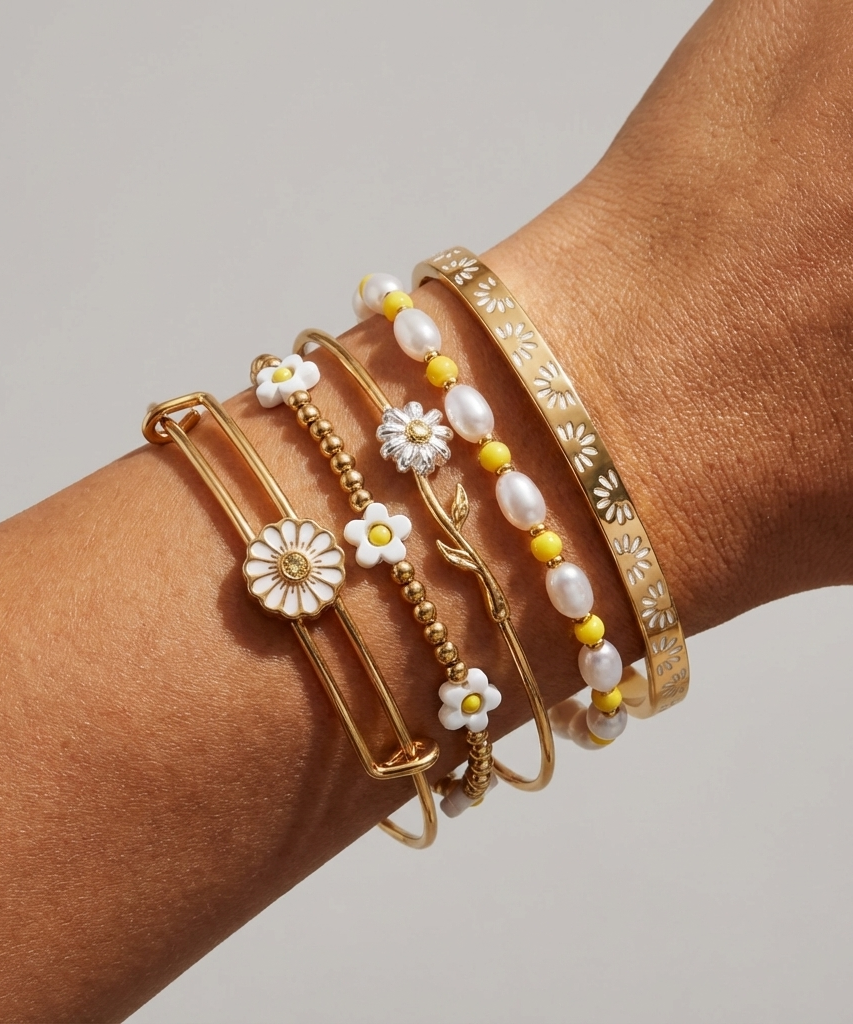Daisy Flower Beaded Bangle Set of 5