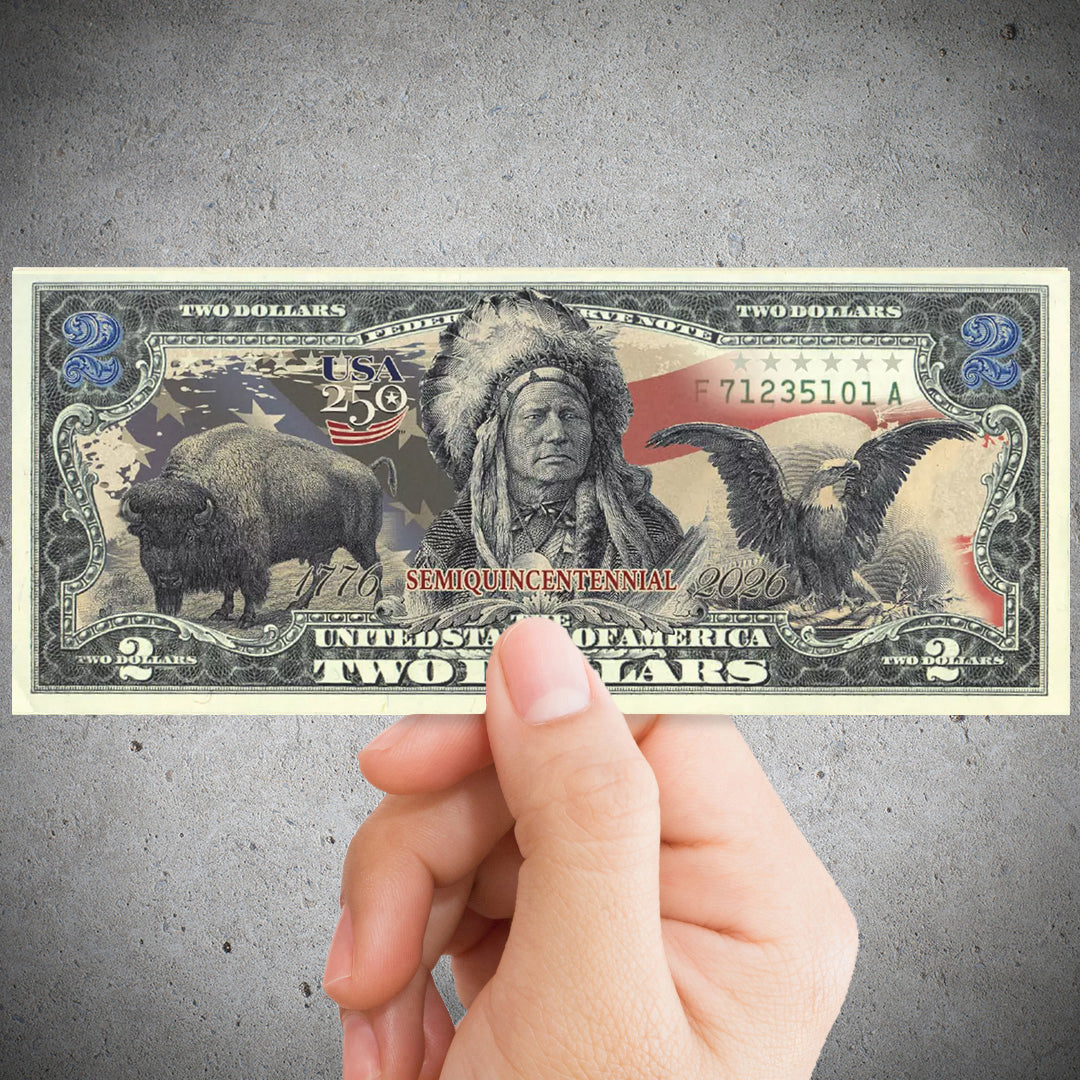 250-Jahre-2-Dollar-Schein – Schwarzer Adler, Indianerhäuptling & Bison