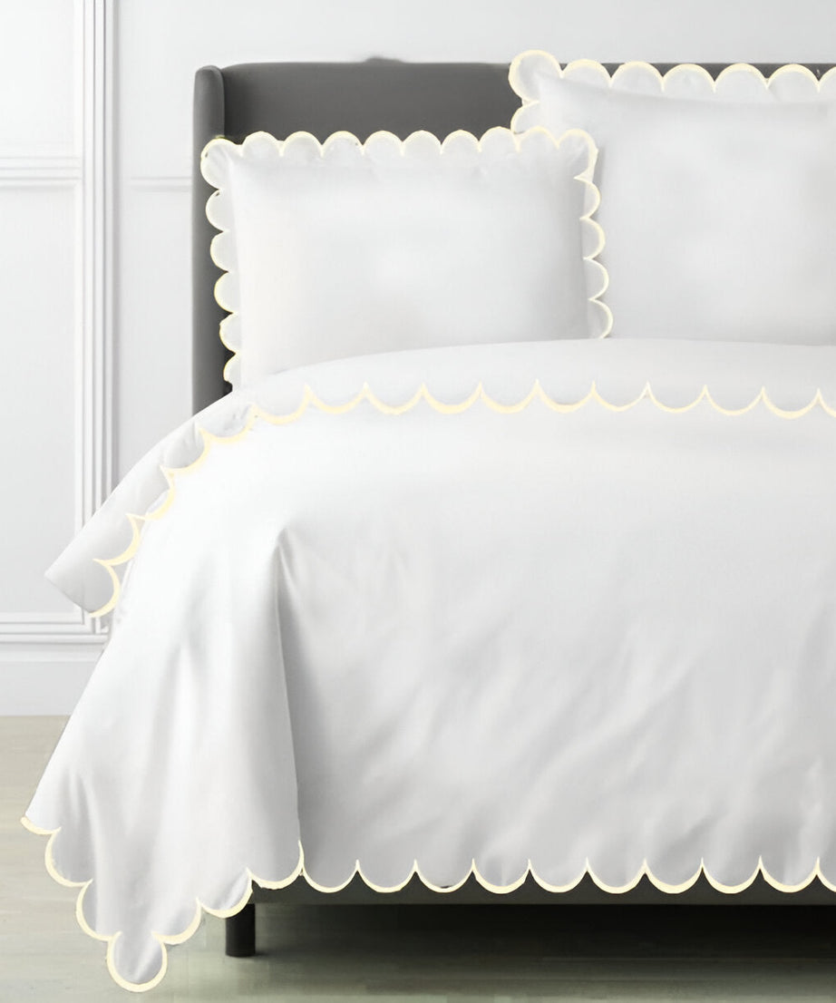 Allena 400TC Cotton Scallop Embroidery Sateen Solid Duvet Cover Set