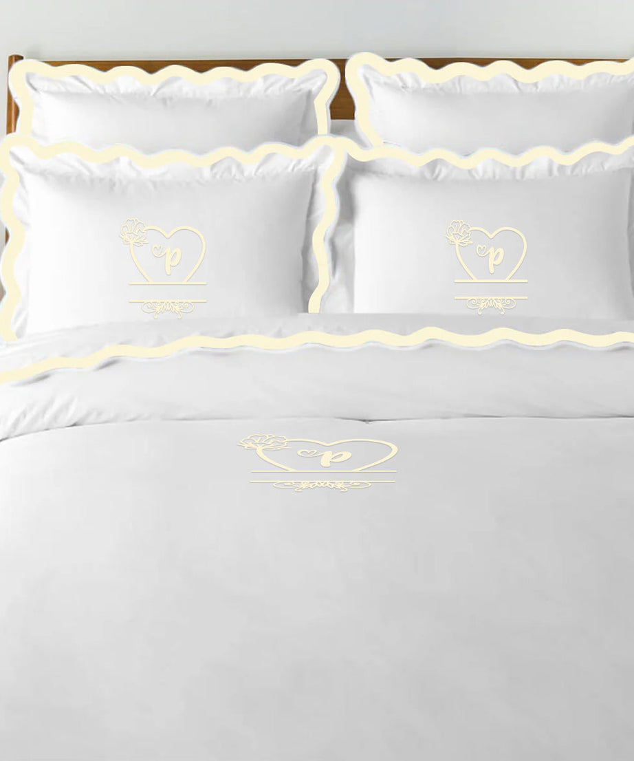 Monogram 400TC Applique Scalloped Embroidery Cotton Duvet Cover Set