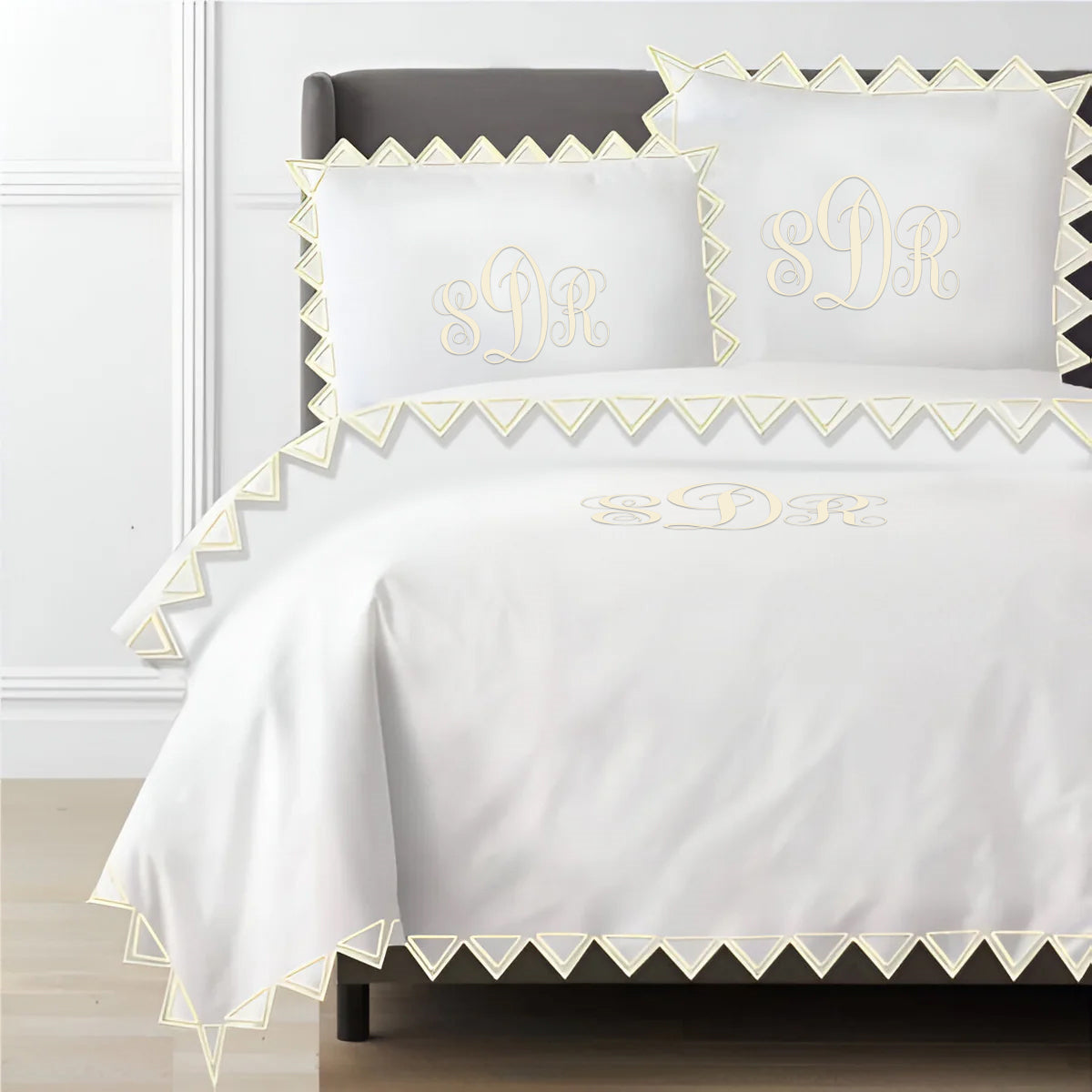 Monogram Ashley 400TC Cotton Traingle Embroidery Sateen Solid Duvet Cover Set