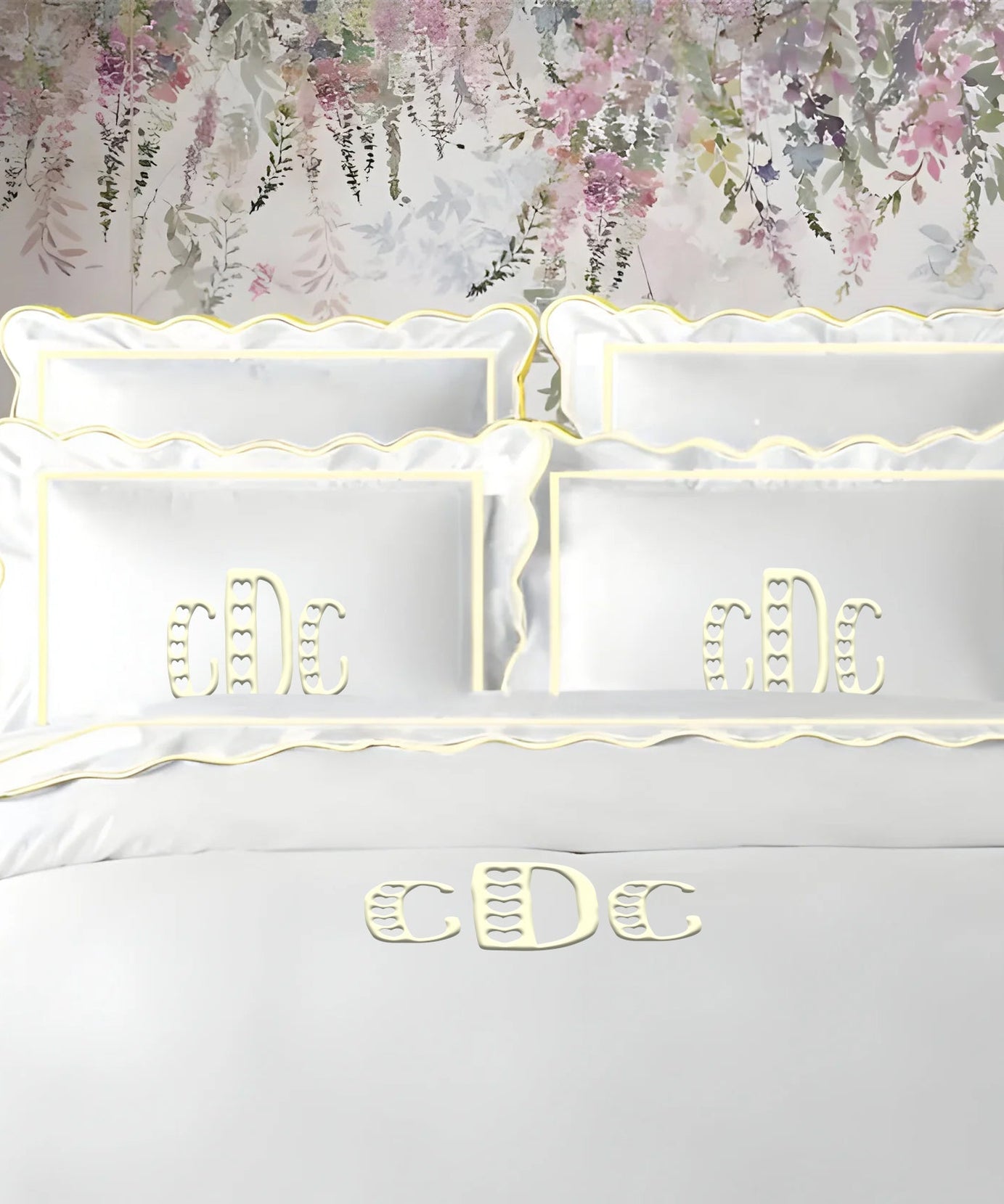 Monogram 400TC Cotton Scallop Embroidery & Border Sateen Solid Duvet Cover Set