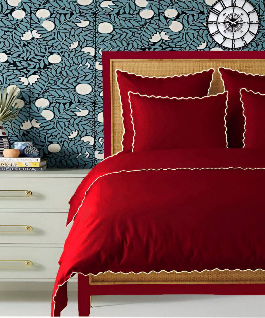 Burgundy 400TC Cotton Small Scallop Embroidery Duvet Cover Set