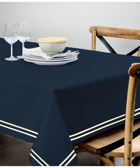 Double Embroidery Border Sateen Cotton Solid Table Cloth - Navy