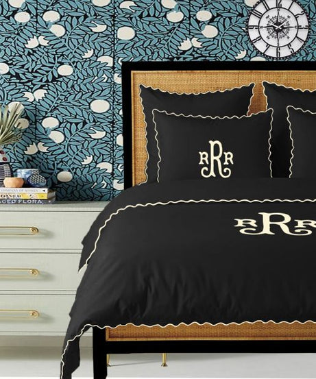 Monogram Black 400TC Cotton Small Scallop Embroidery Duvet Cover Set