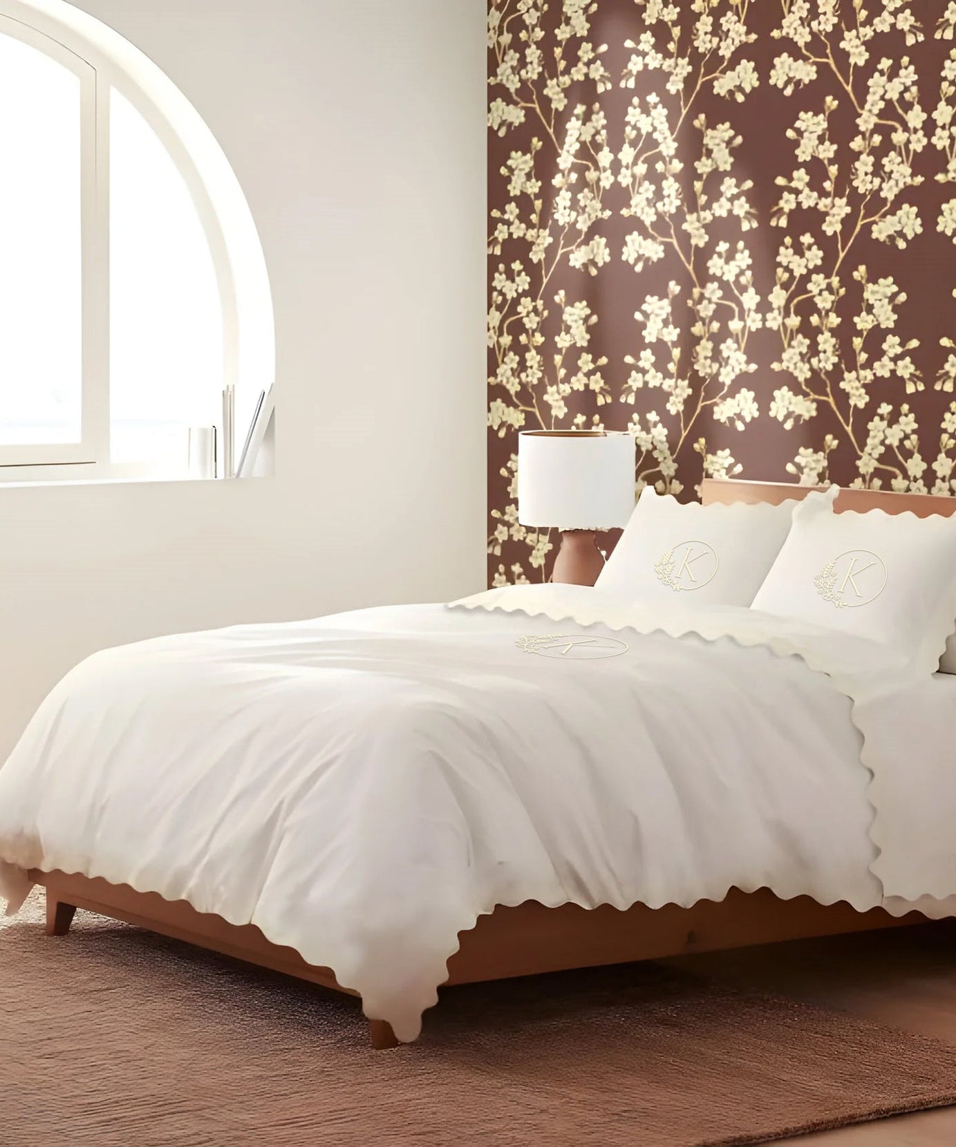 Monogram 400TC Cotton Sateen Double Scallop Embroidery Duvet Cover Set