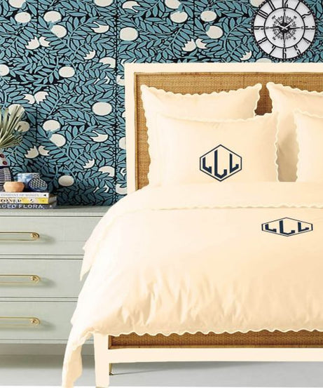 Monogram Ivory 400TC Cotton Small Scallop Embroidery Duvet Cover Set