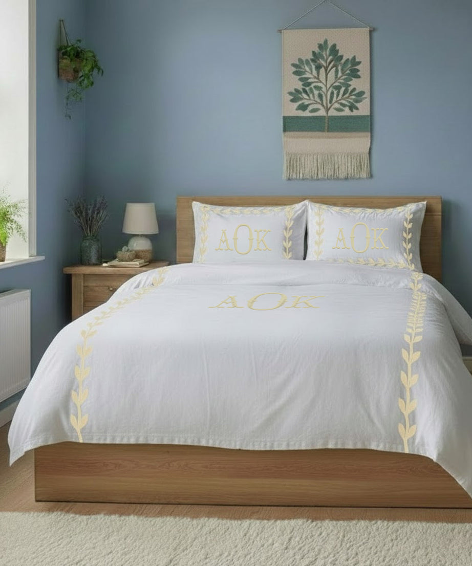 Monogram Layered Leaf Applique Cotton Duvet Cover Set