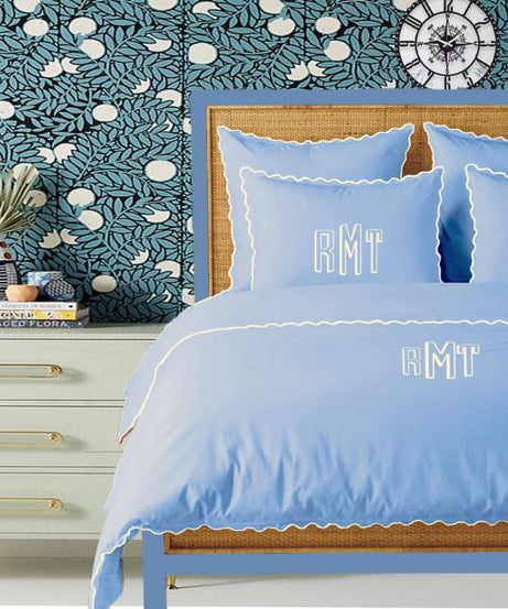 Monogram Light Blue 400TC Cotton Small Scallop Embroidery Duvet Cover Set