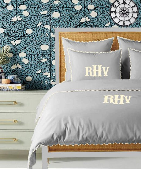 Monogram Light Grey 400TC Cotton Small Scallop Embroidery Duvet Cover Set