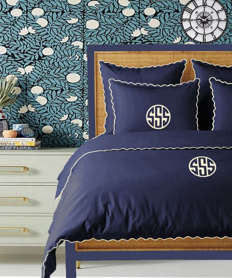 Monogram Navy 400TC Cotton Small Scallop Embroidery Duvet Cover Set