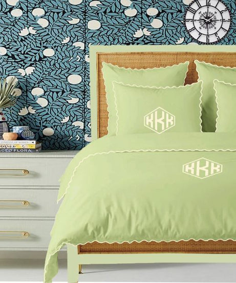 Monogram Sage 400TC Cotton Small Scallop Embroidery Duvet Cover Set