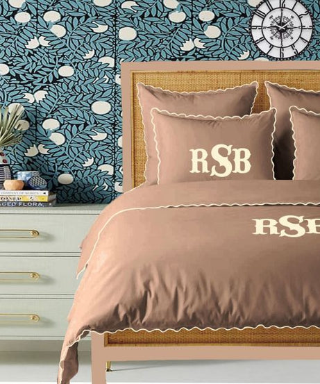 Monogram Taupe 400TC Cotton Small Scallop Embroidery Duvet Cover Set