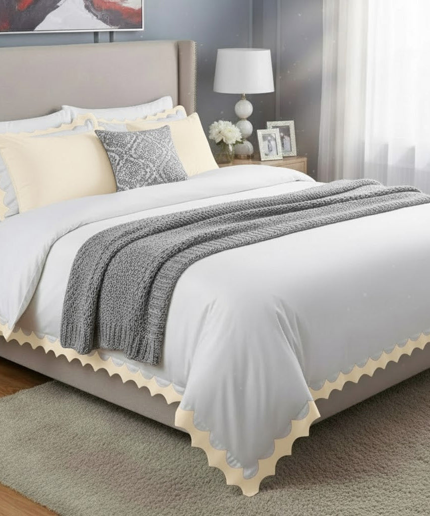 Reverse Scalloped Applique Embroidery Cotton Duvet Cover Set