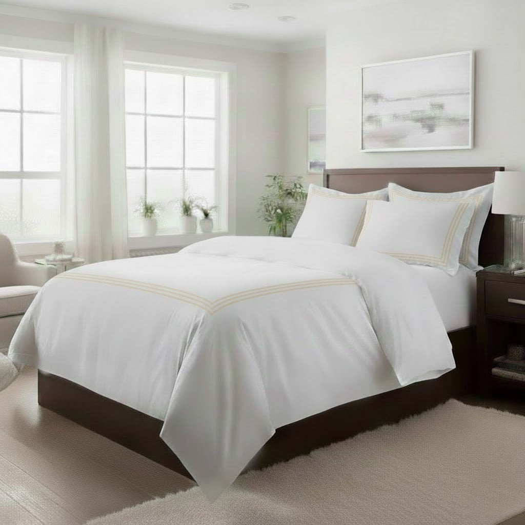 400TC Cotton Triple Embroidery Sateen Solid Duvet Cover Set