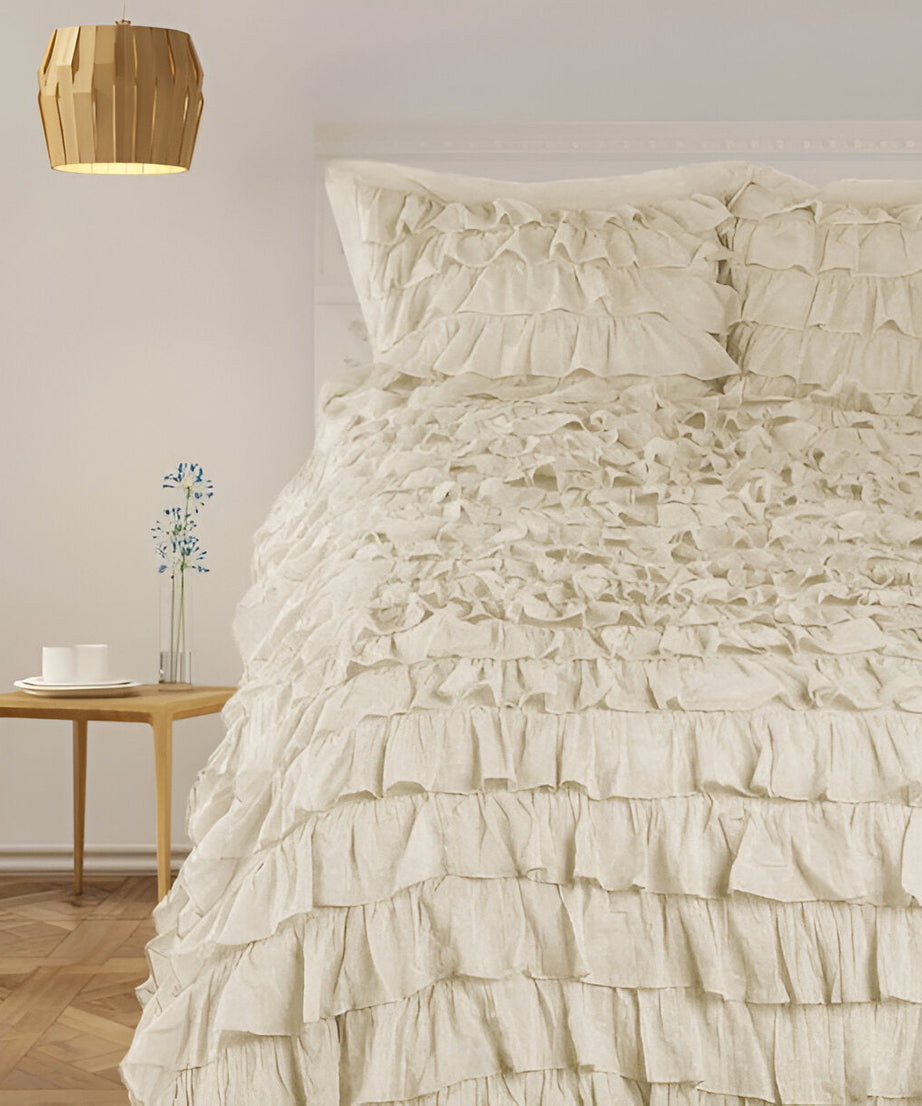 400TC Sateen Solid Cotton Waterfall Ruffle Duvet Cover Set