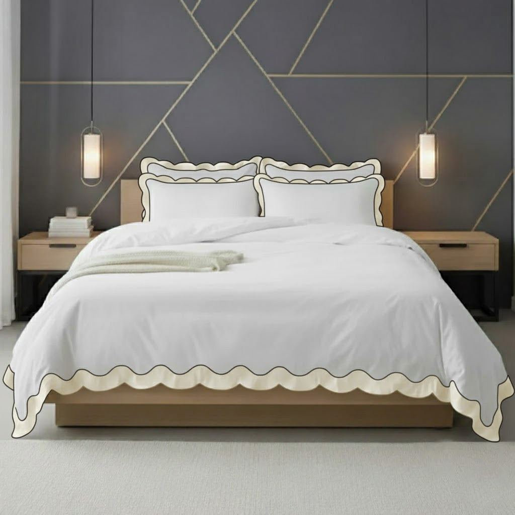 Scalloped & Wavy Applique Embroidery Cotton Duvet Cover Set