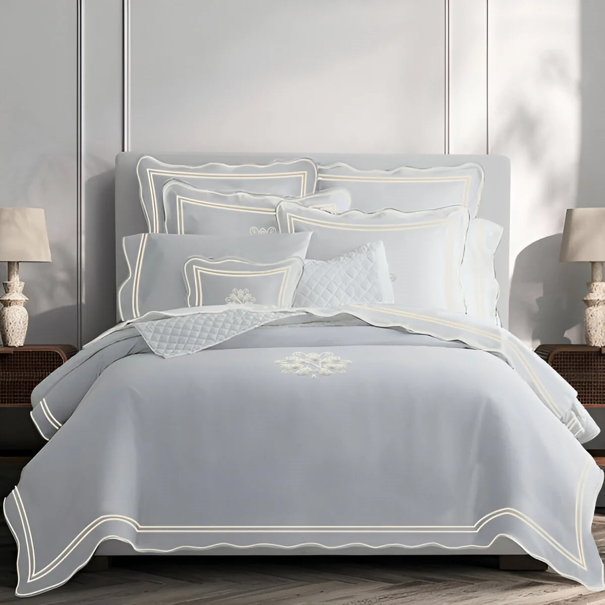 Monogram 400TC Wavy Embroidery & Border Cotton Sateen Solid Duvet Cover Set