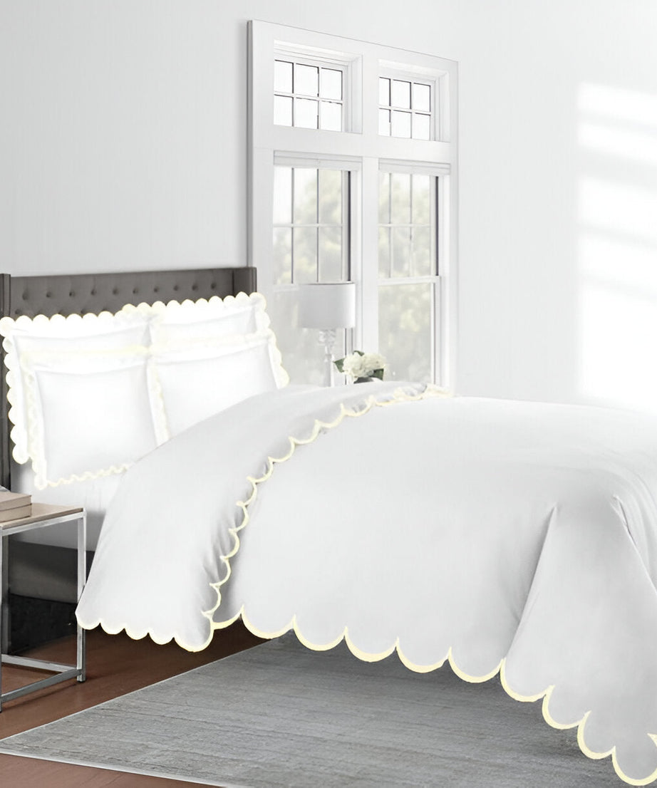 Allena 400TC Cotton Scallop Embroidery Sateen Solid Duvet Cover Set