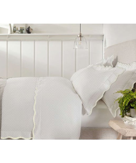 400TC Cotton Scallop Embroidery Sateen Microcheck Duvet Cover Set