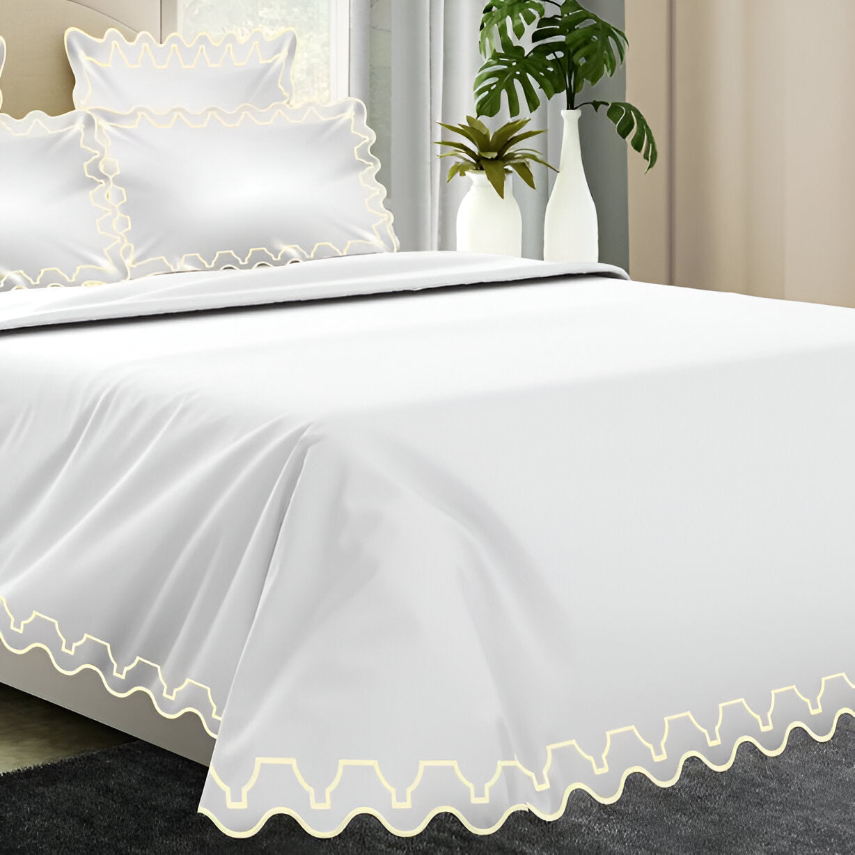 Imaginary Scallop 400TC Cotton Embroidery Sateen Solid Duvet Cover Set