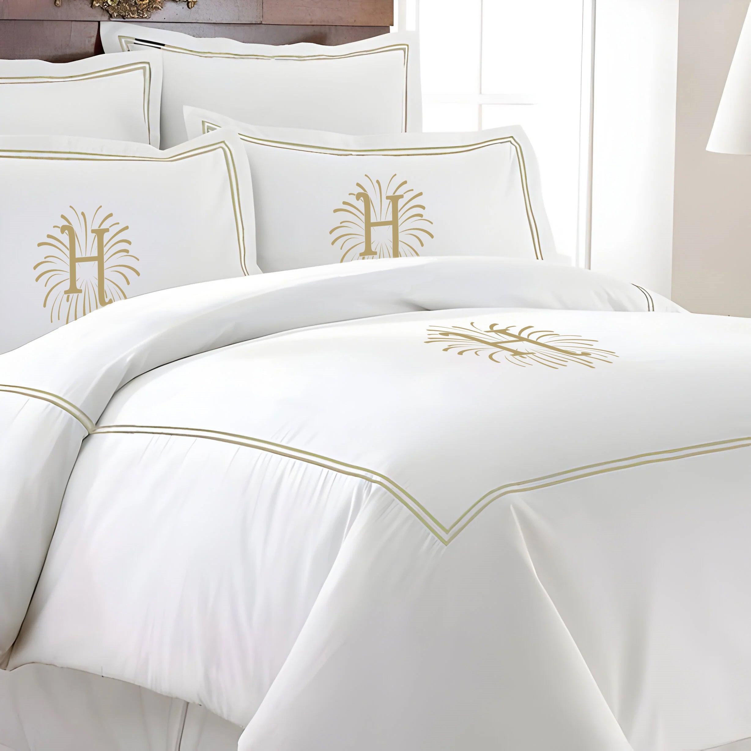 Monogram 400TC Cotton Double Embroidery Sateen Solid Duvet Cover Set