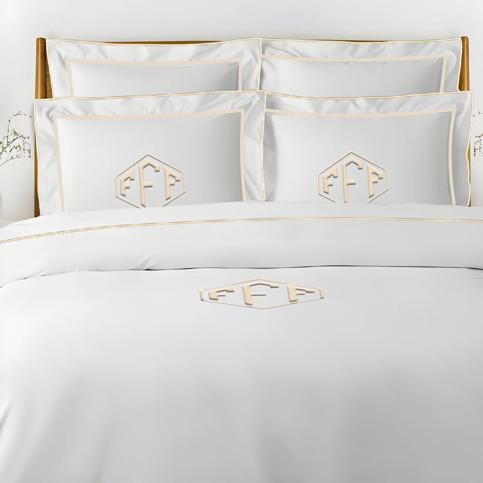 Monogram Embroidery & Border Cotton Sateen Solid Duvet Cover Set