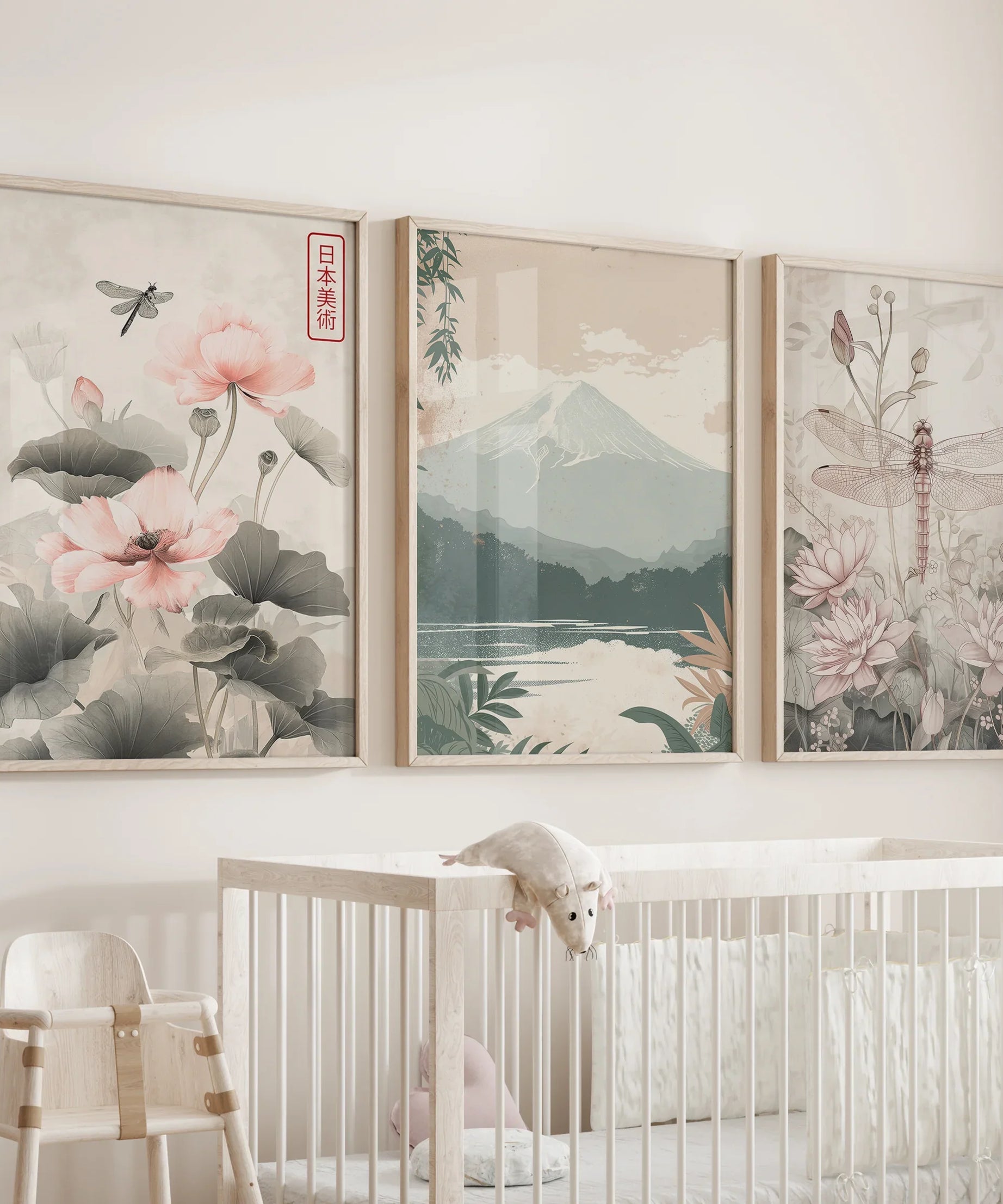 Japandi Style Set of 3 Wall Art. Floral and Mountain Prints