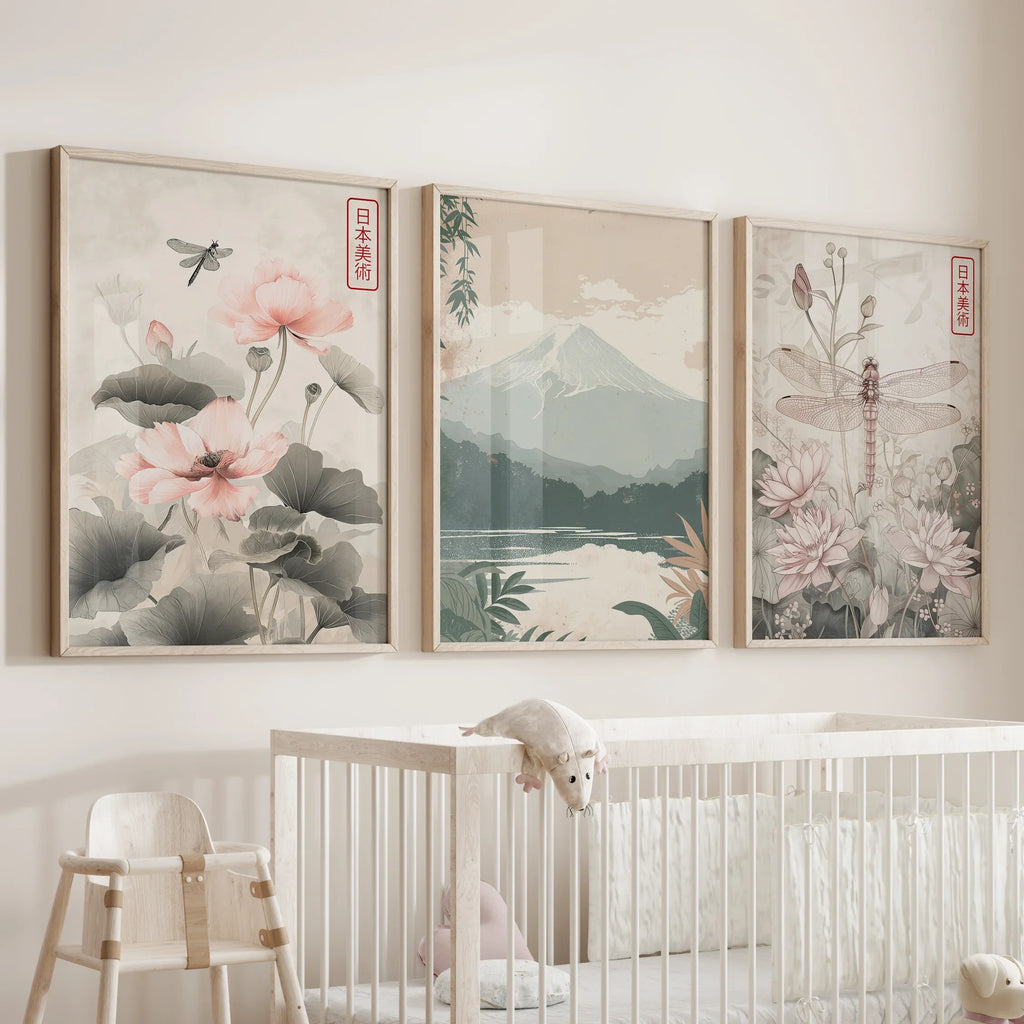 Japandi Style Set of 3 Wall Art. Floral and Mountain Prints