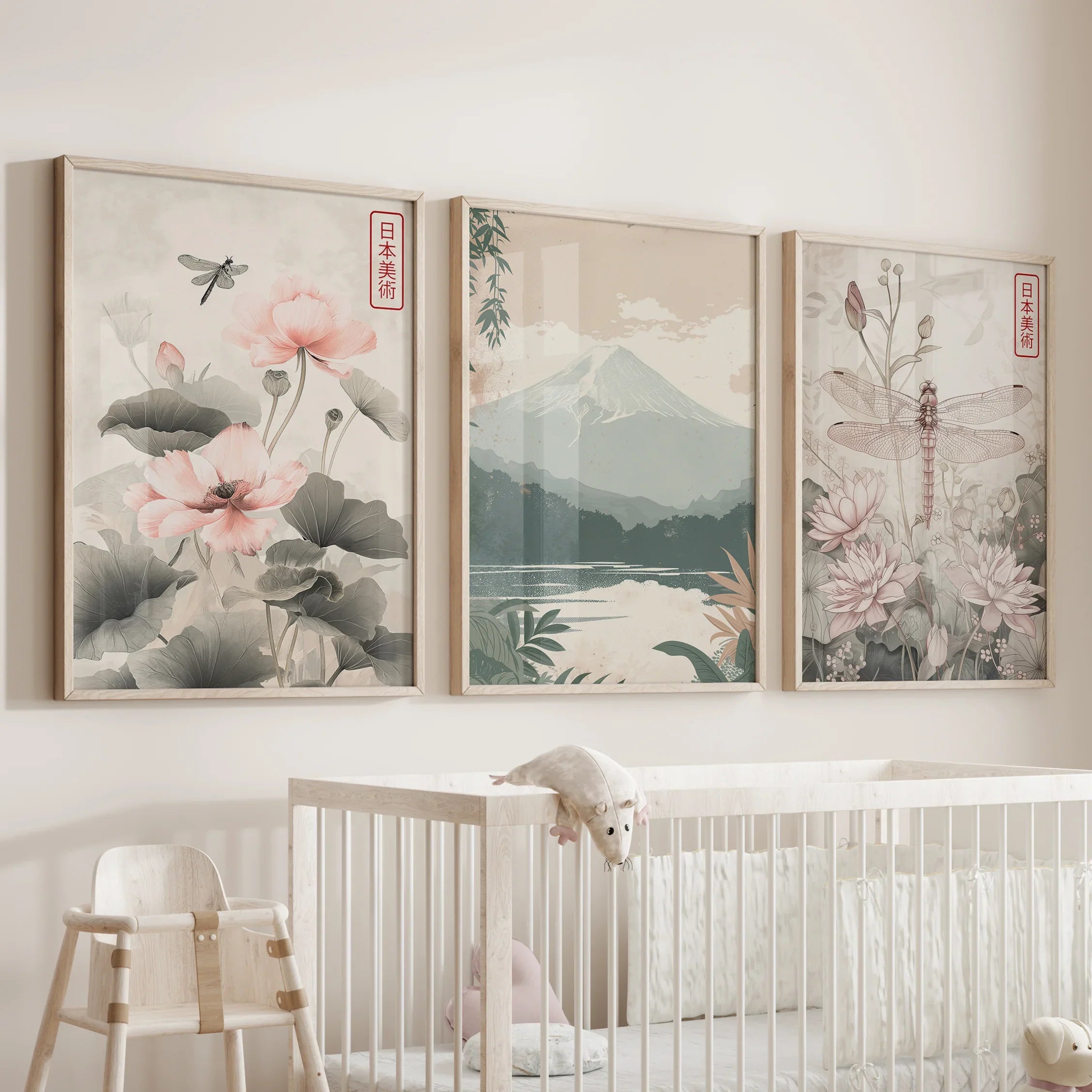 Japandi Style Set of 3 Wall Art. Floral and Mountain Prints