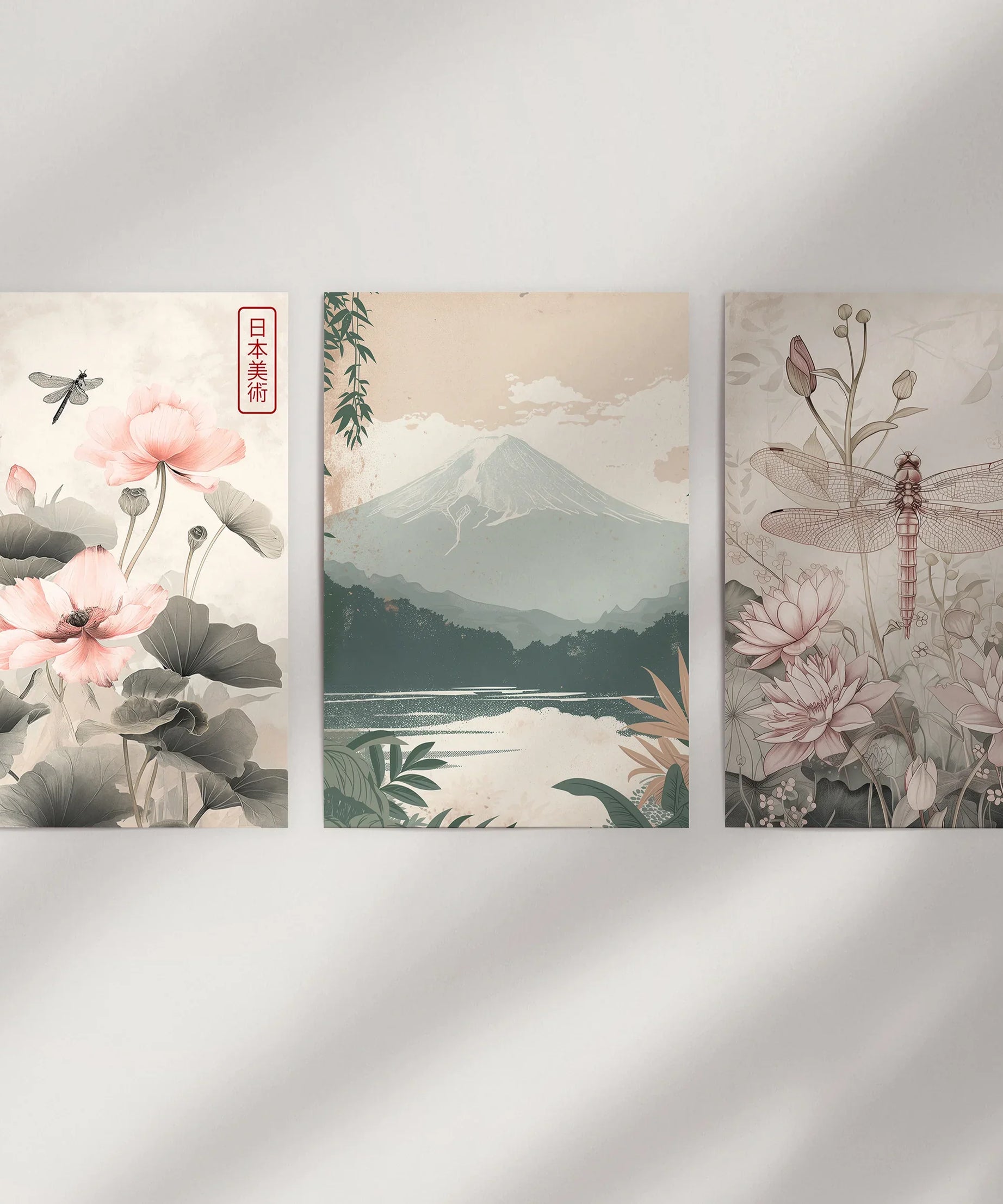 Japandi Style Set of 3 Wall Art. Floral and Mountain Prints