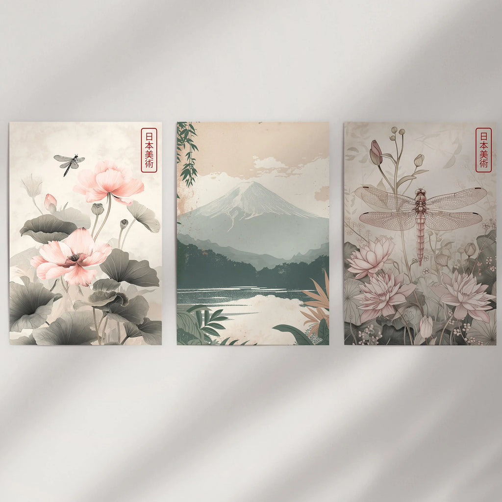 Japandi Style Set of 3 Wall Art. Floral and Mountain Prints