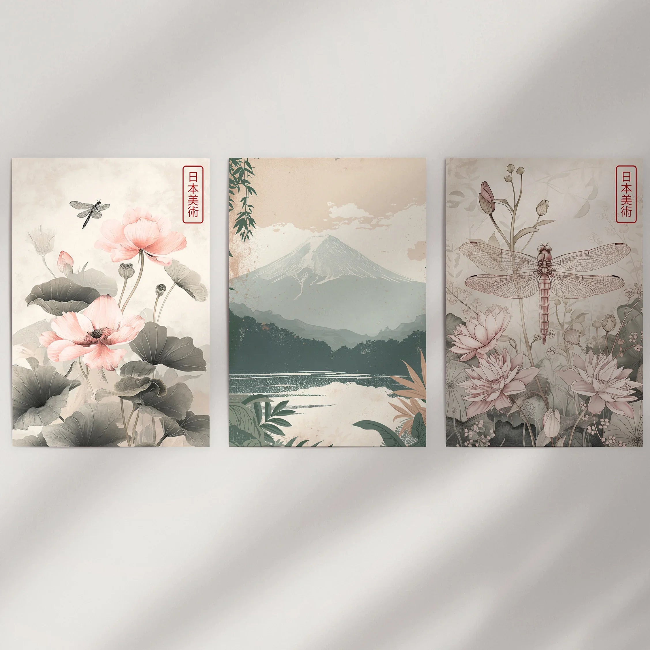Japandi Style Set of 3 Wall Art. Floral and Mountain Prints