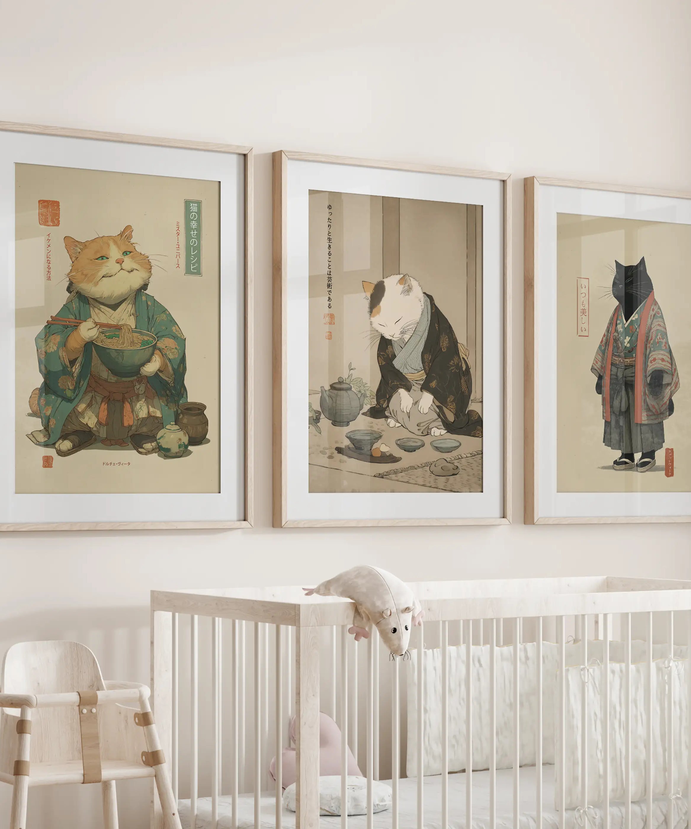 Japanese Ukiyo-e Style Cat Wall Art Set of 3. Tea Ceremony