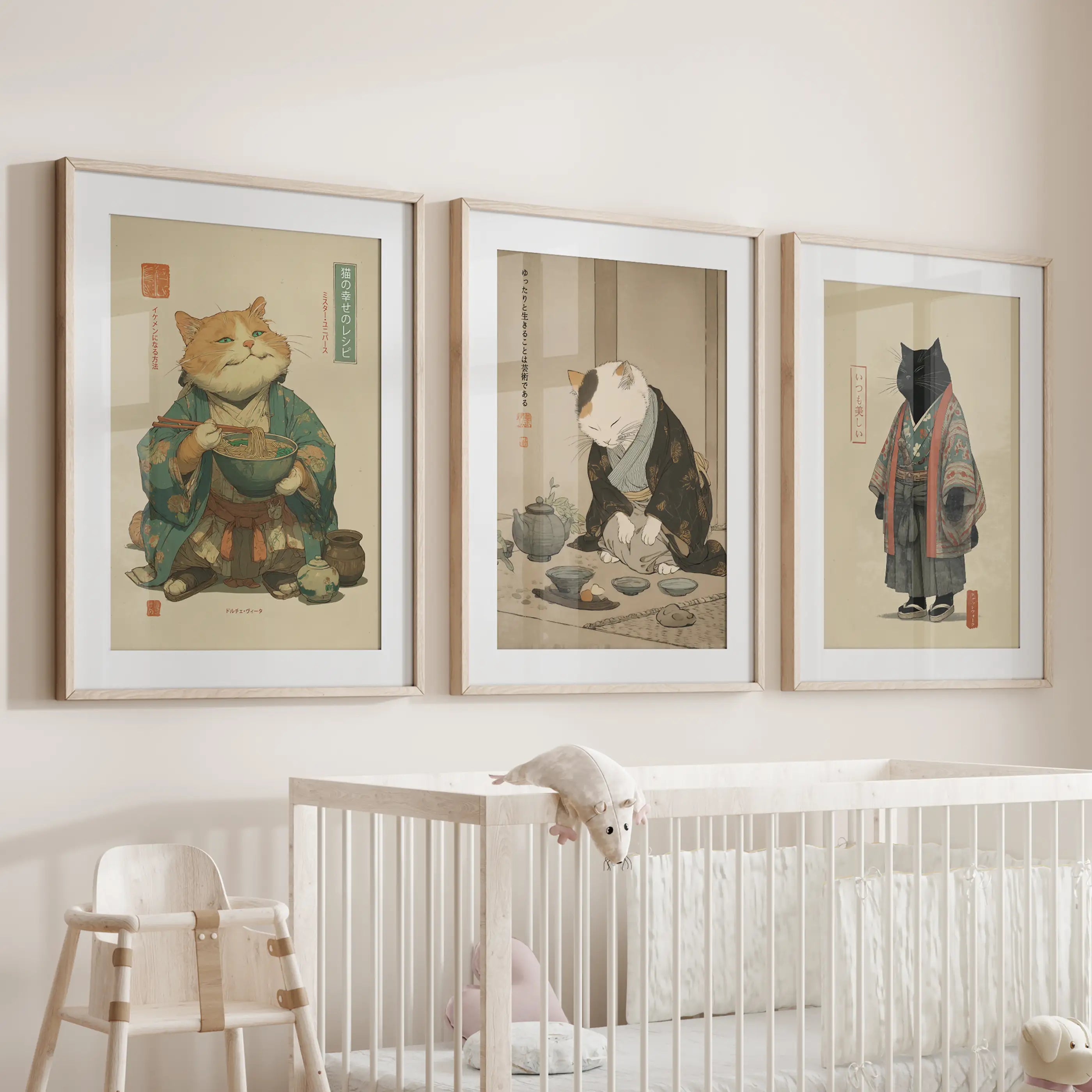 Japanese Ukiyo-e Style Cat Wall Art Set of 3. Tea Ceremony