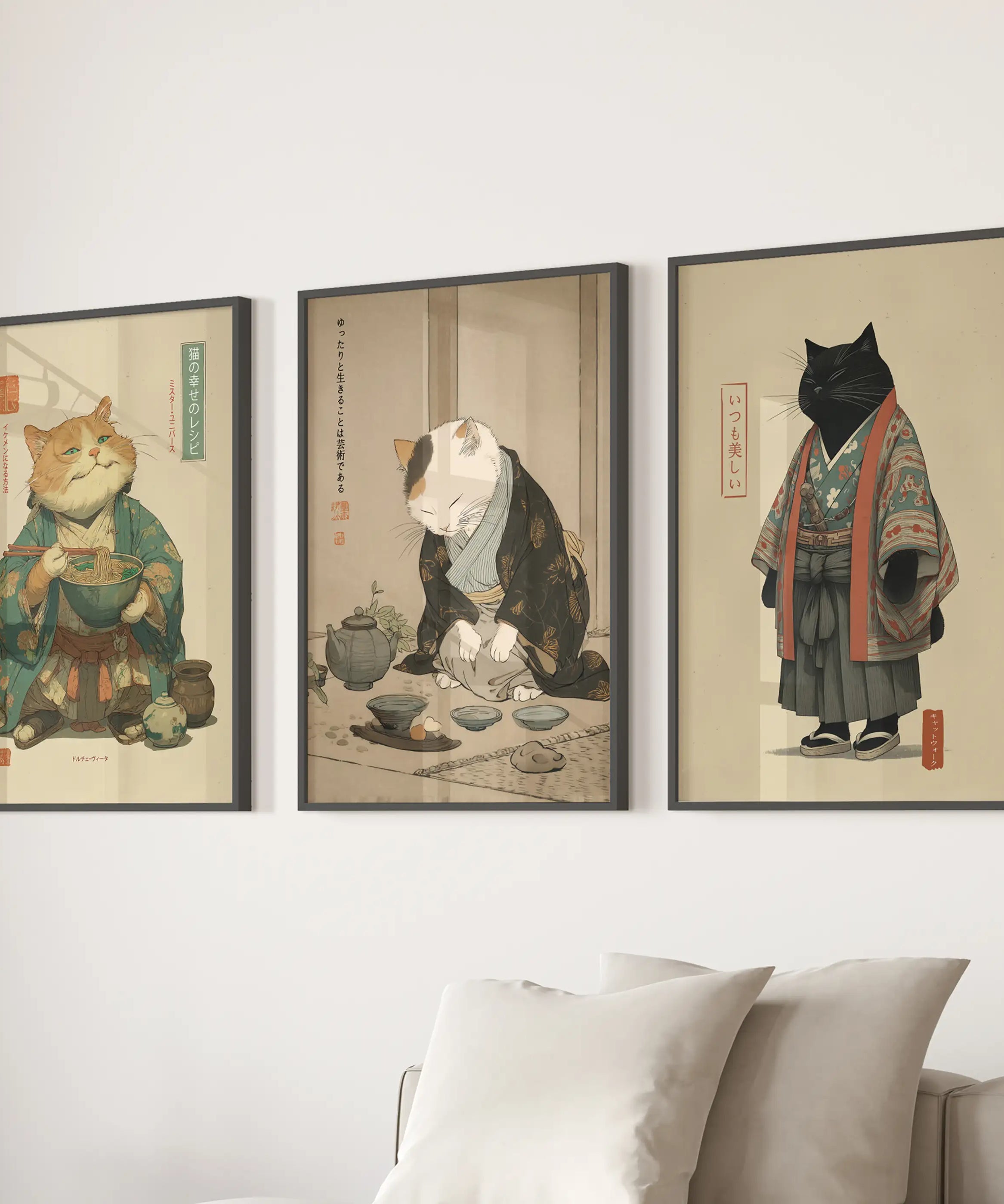 Japanese Ukiyo-e Style Cat Wall Art Set of 3. Tea Ceremony