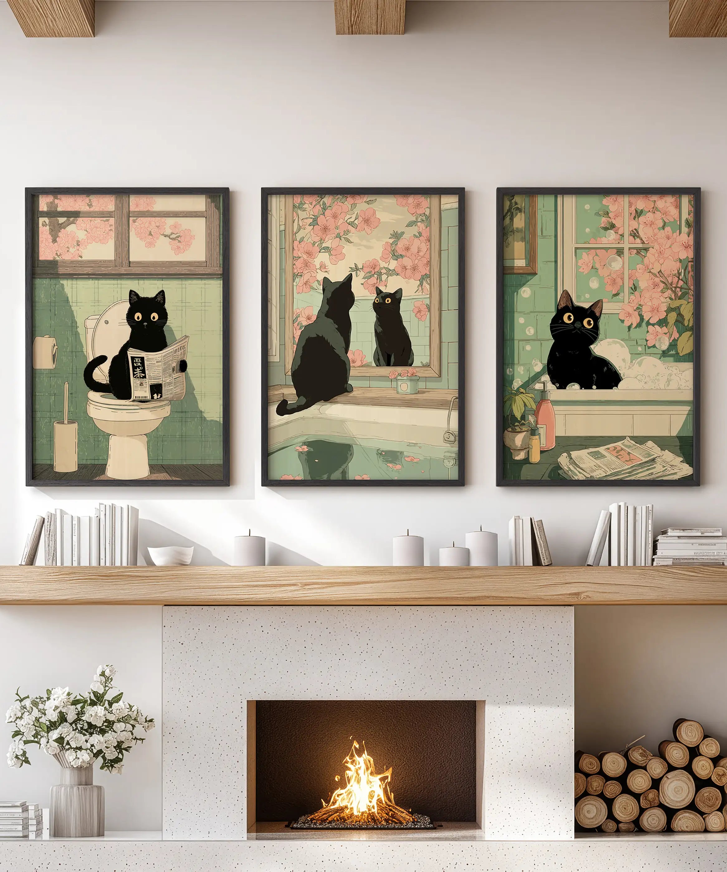 Funny Bathroom Poster. Japan Cat Pooping Wall Art Set of 3