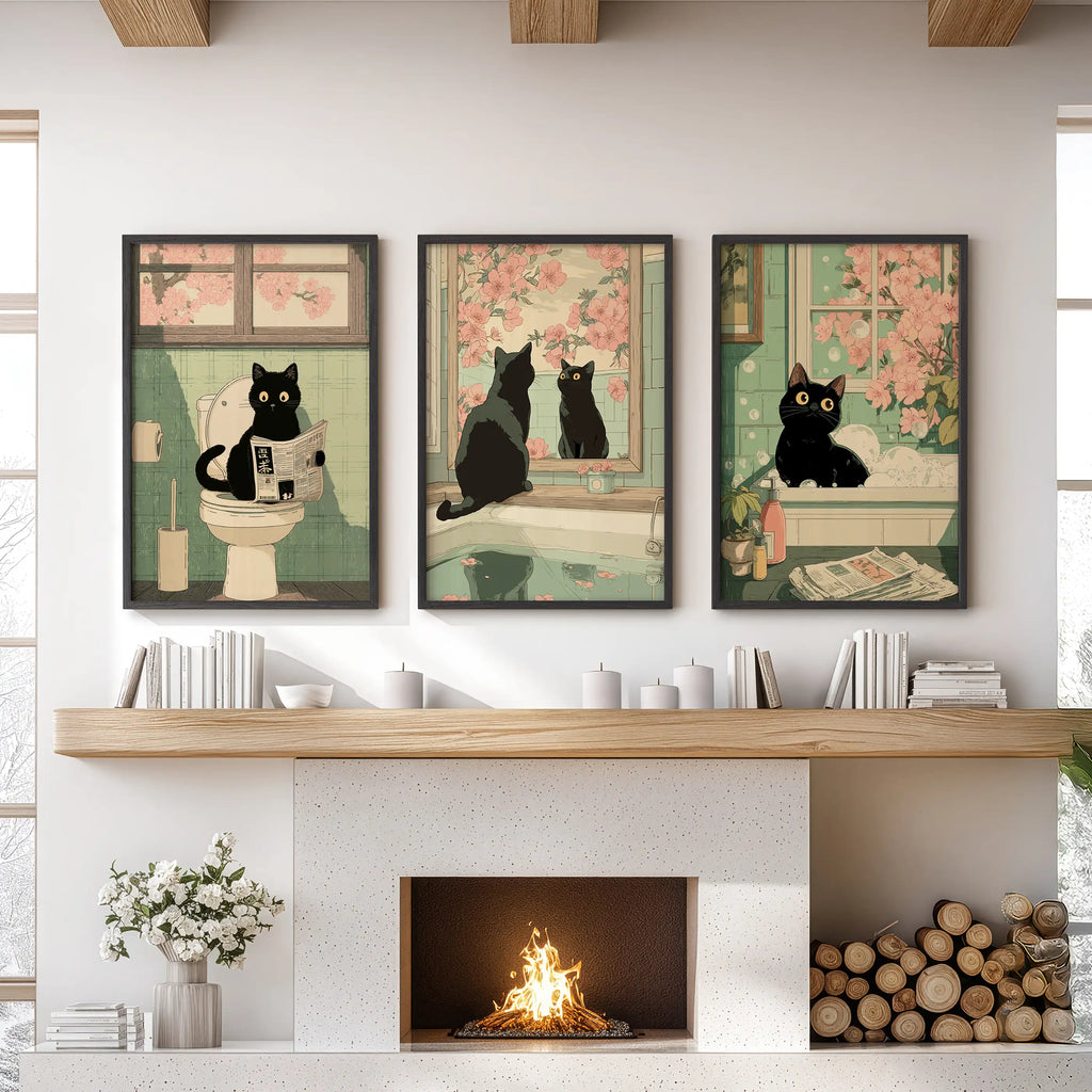 Funny Bathroom Poster. Japan Cat Pooping Wall Art Set of 3