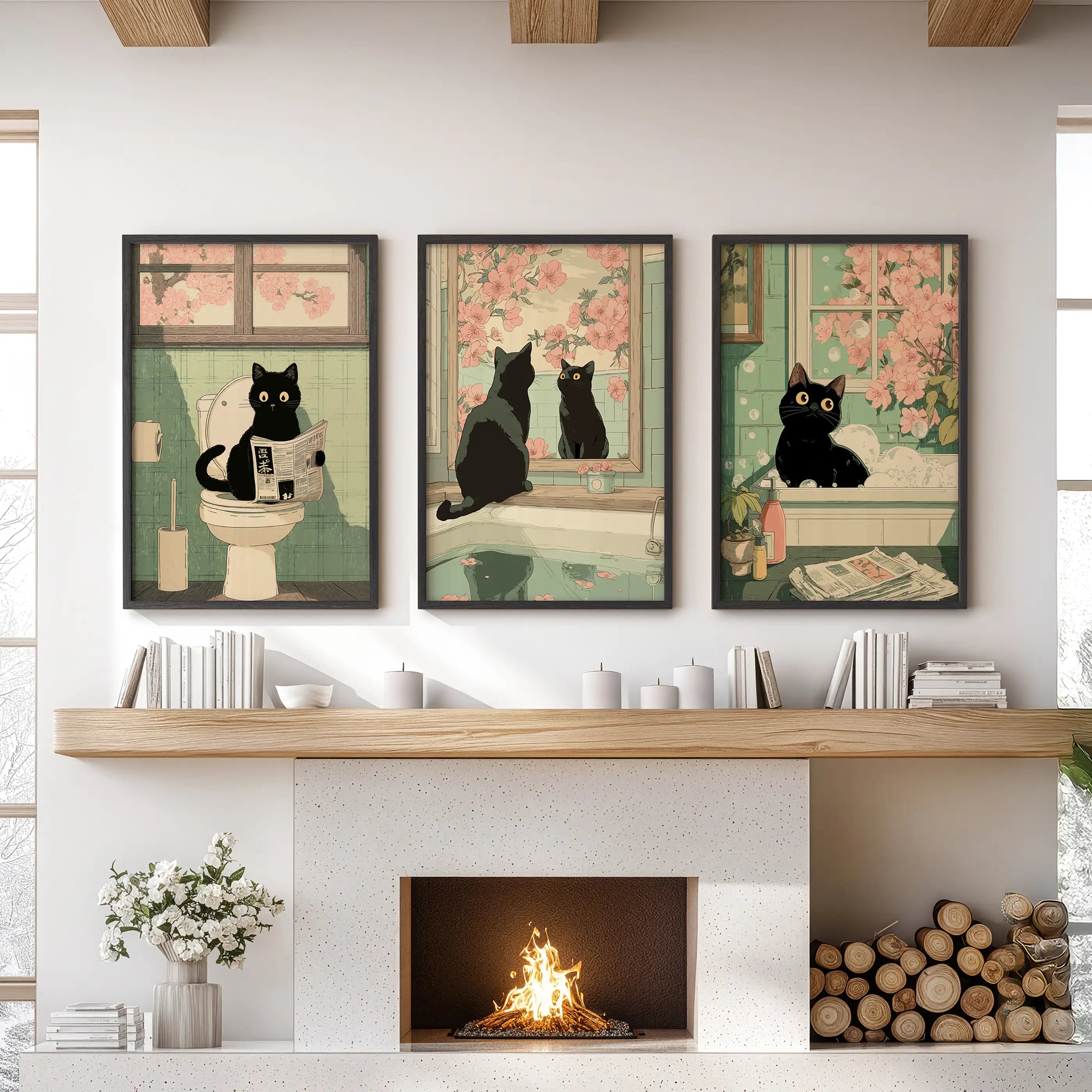 Funny Bathroom Poster. Japan Cat Pooping Wall Art Set of 3
